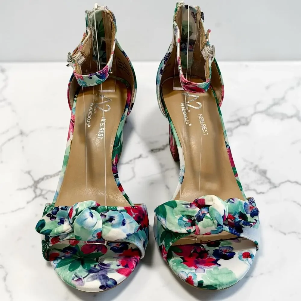 A2 by Aerosoles Bella Sandals 7M Watercolor Floral Block Heel Ankle Strap NIB